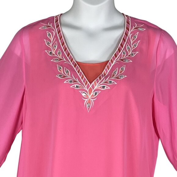Bob Mackie NWT L Pink Embroidered Chiffon Tunic Embellished Top 3/4 Sleeve Artsy - Picture 4 of 16